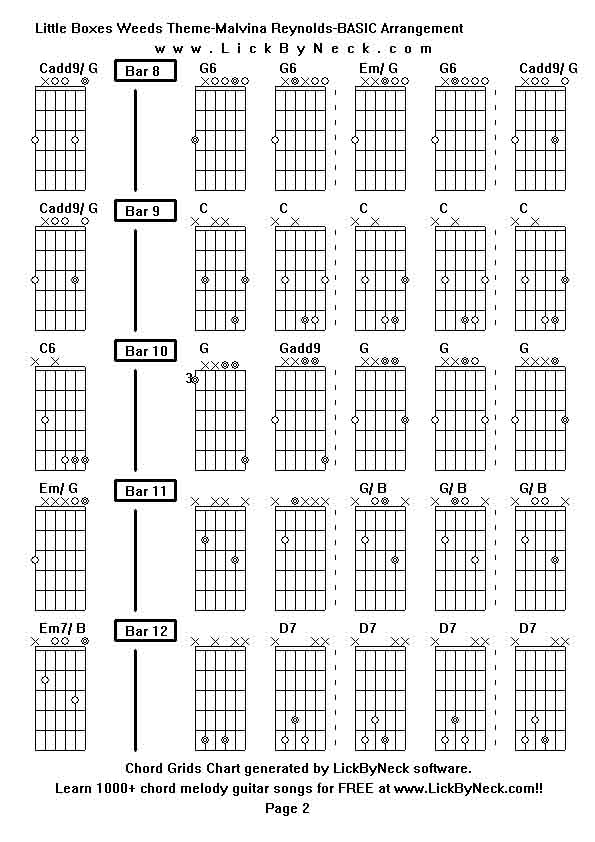 Chord Grids Chart of chord melody fingerstyle guitar song-Little Boxes Weeds Theme-Malvina Reynolds-BASIC Arrangement,generated by LickByNeck software.